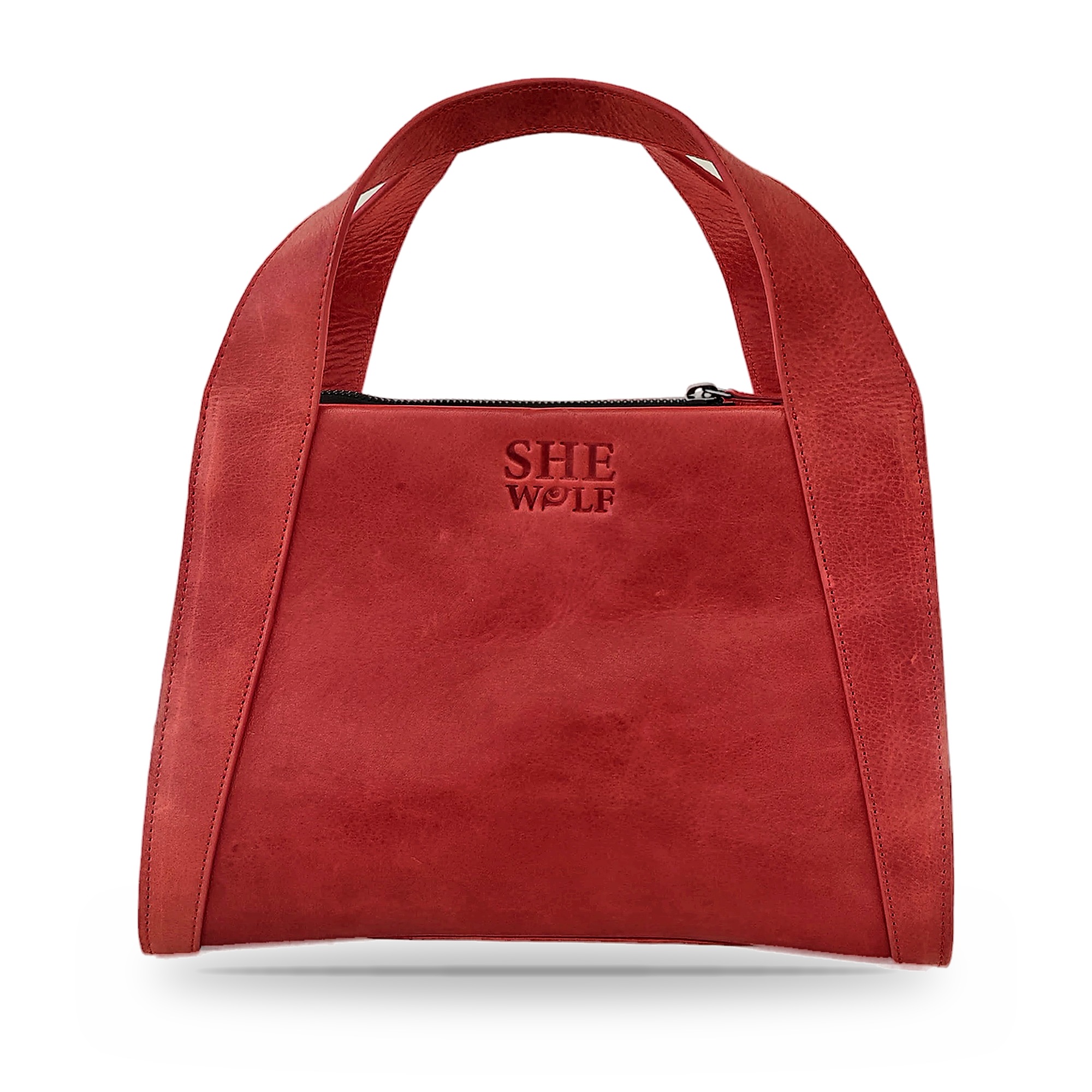 She-wolf Leather Handbag for Women, Zip-Top, Twin Handles and Embossed Logo, Crimson Velvet Red