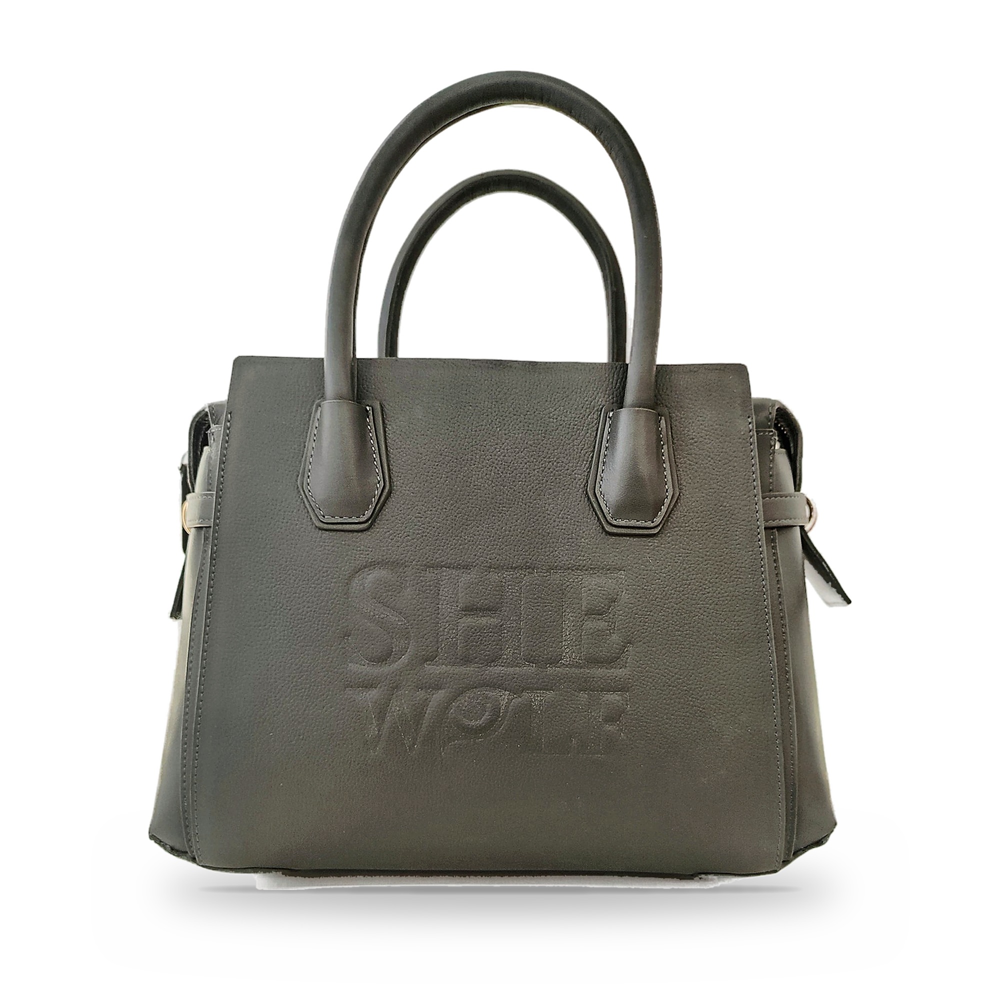 She-wolf Leather Tote Handbag for Women, Zip-Top, Twin Handles and Embossed Logo, Granite Haze Grey