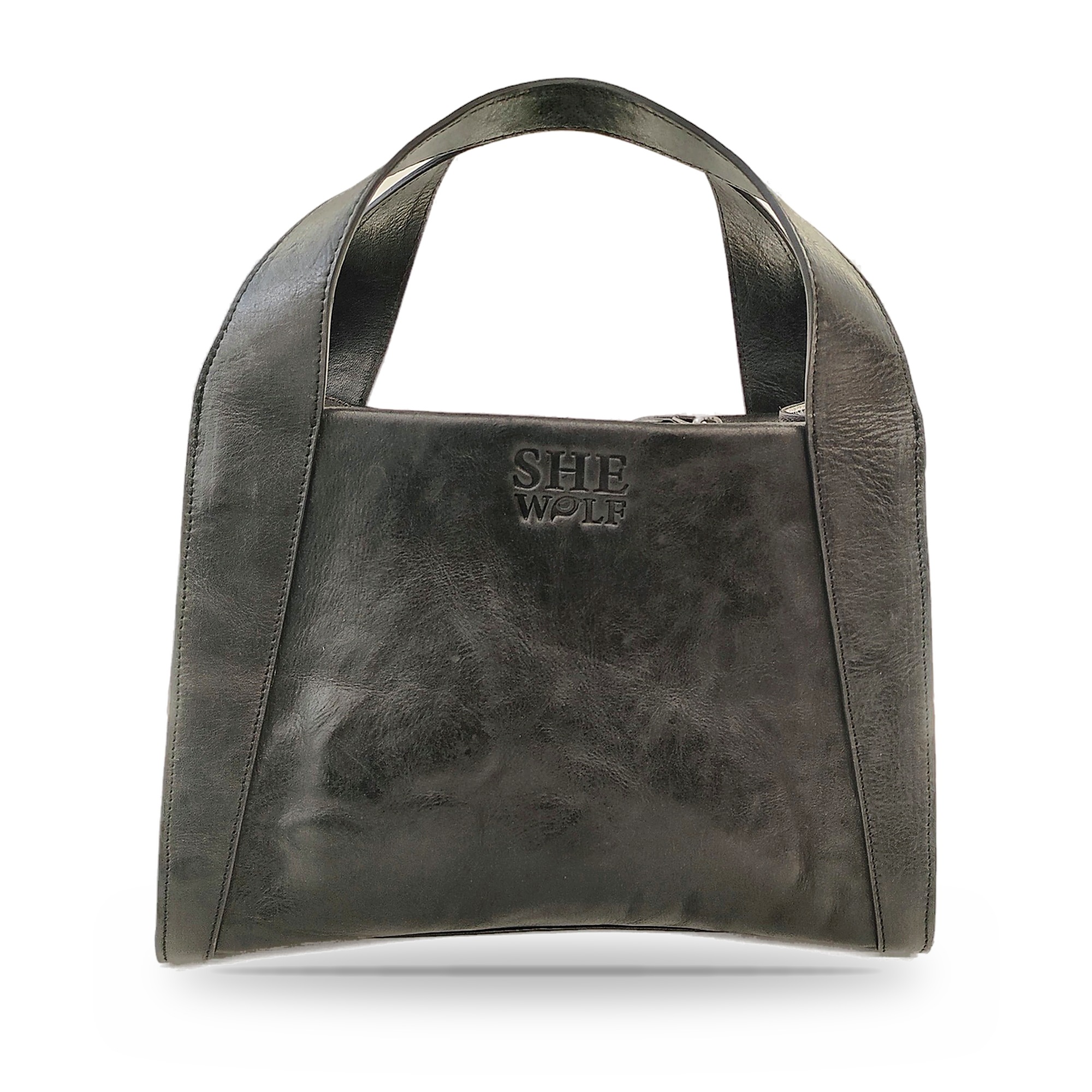 She-wolf Leather Handbag for Women, Zip-Top, Twin Handles and Embossed Logo, Noir Enigma Black