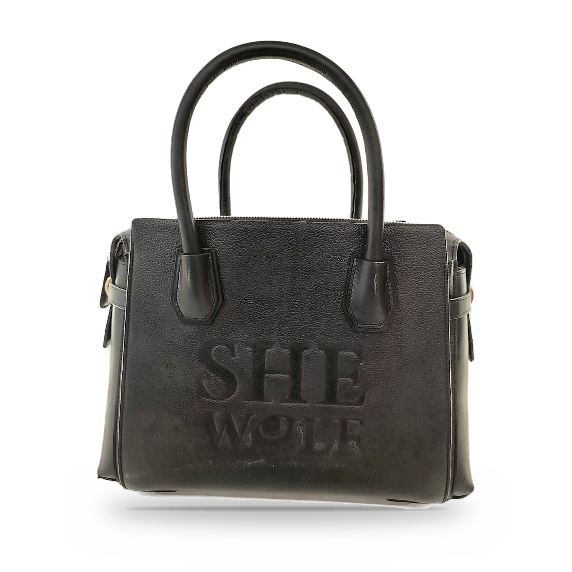 She-wolf Leather Tote Handbag for Women, Zip-Top, Twin Handles and Embossed Logo, Cosmic Coal Black